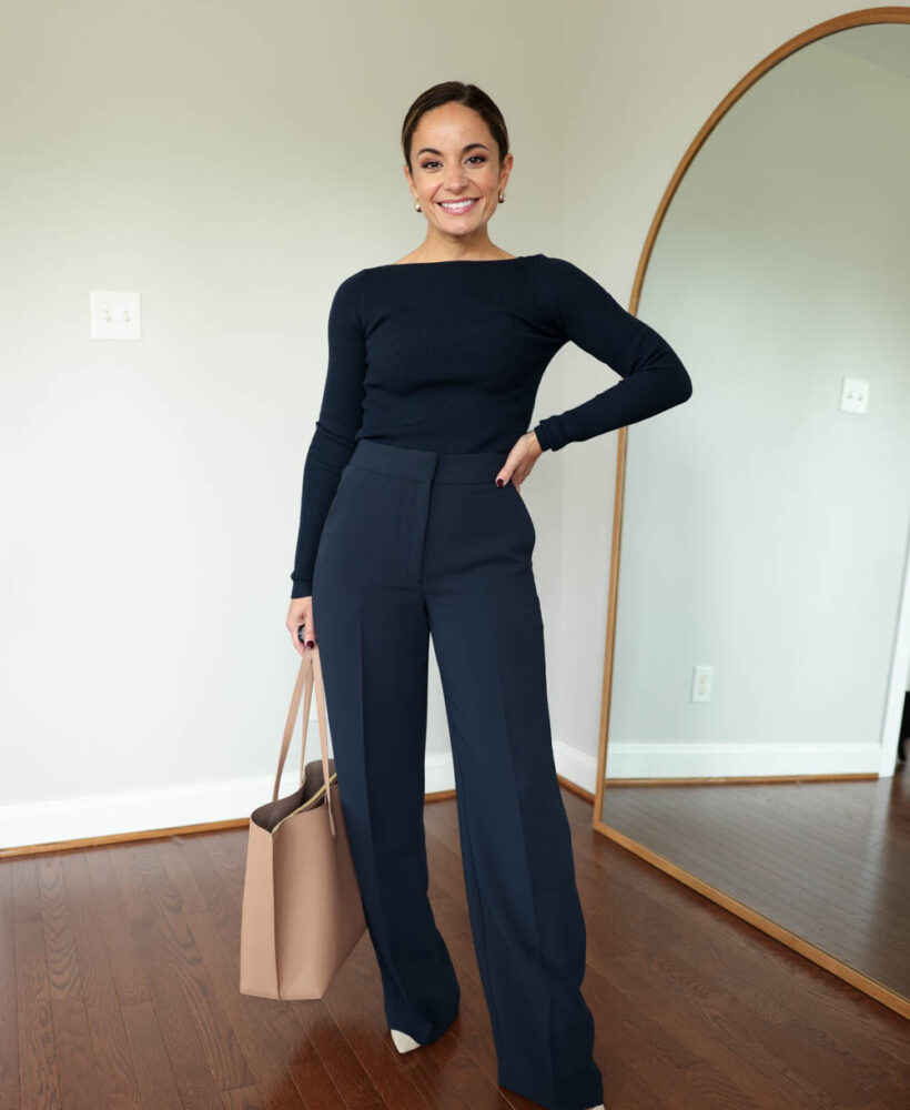 Aritzia Limitless Pants review via Pumps and Push-Ups blog | petite fashion | petite style | outfits for work | navy neutral outfits | petite style