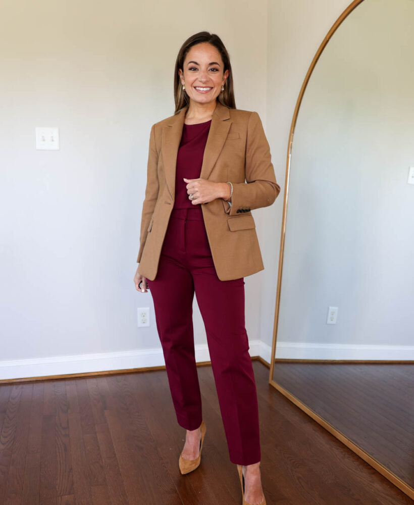 Petite-friendly ways to wear a camel blazer | camel blazer outfits | fall outfits for work | petite fashion | outfits ideas for work | business casual outfits | burgundy pants outfits