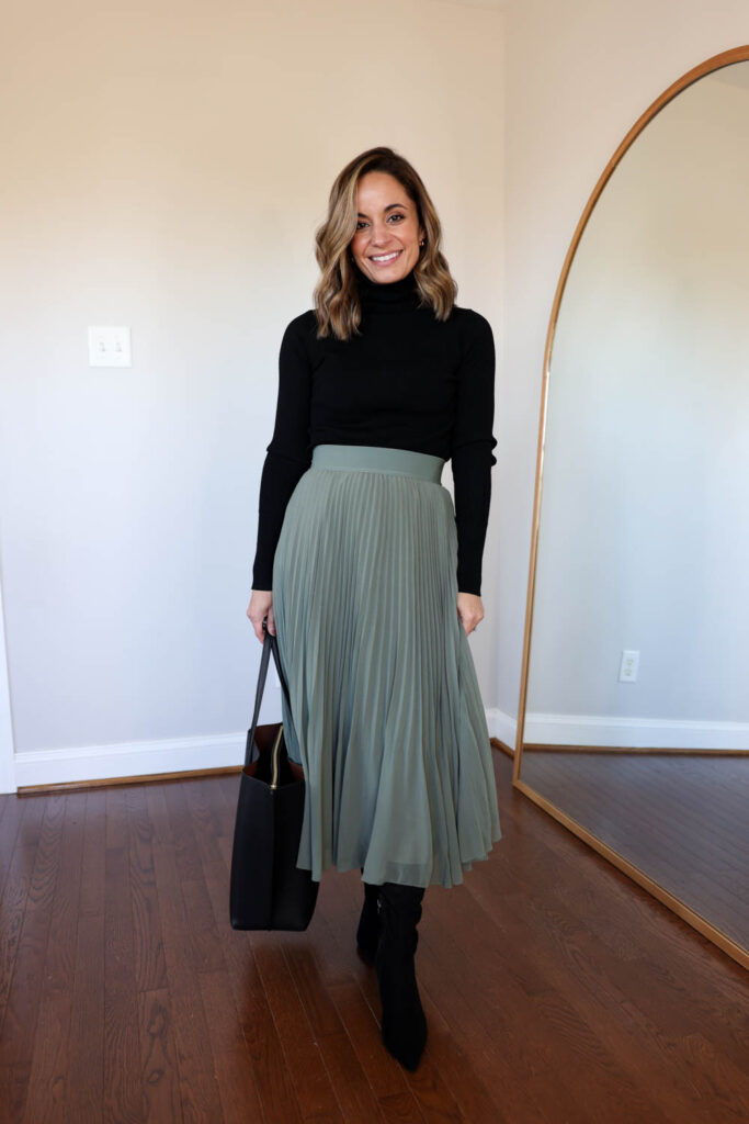 Petite-friendly ways to wear knee-high boots with a midi skirt | petite fashion | winter outfits | warm outfits for work | knee high boots outfits 