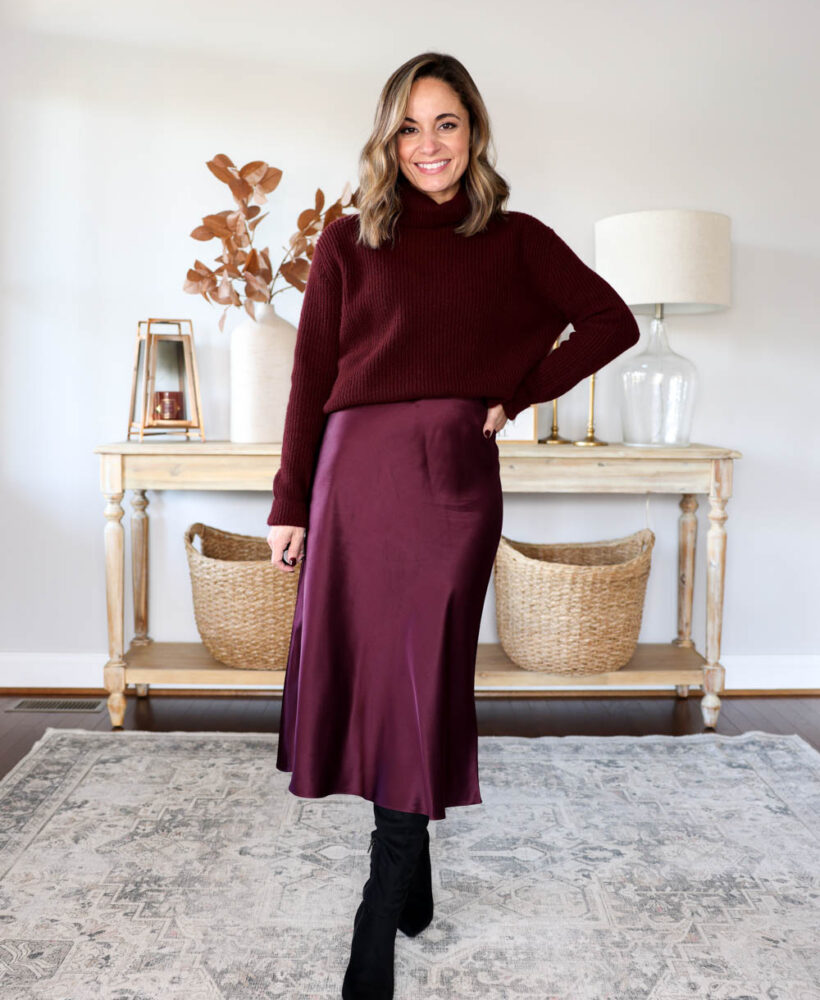 Dressy outfits for Thanksgiving via pumps and push-ups blog | fall outfits | silk skirt outfits | petite fashion