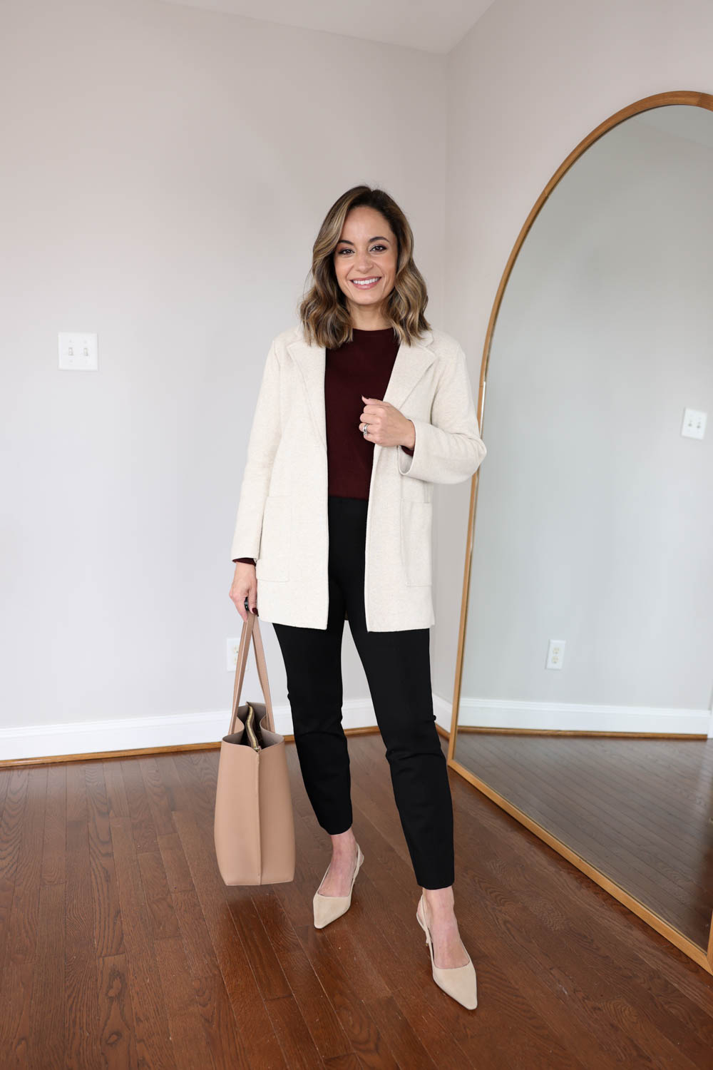 Petite-friendly sweater blazer outfit via pumps and push-ups blog | outfit ideas for work | petite fashion | petite style | Quince sweater blazer review 