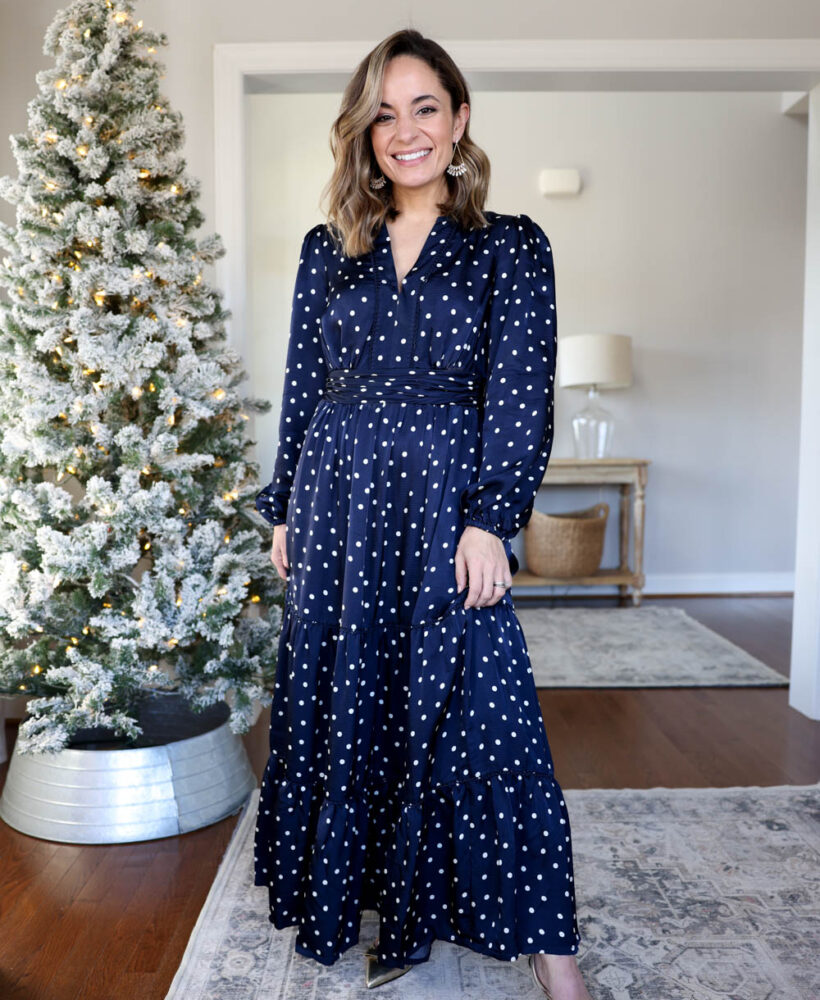 Satin maxi dress for petites via pumps and push-ups blog | holiday dresses | petite style | petite fashion