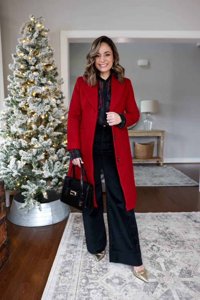 Velvet wide-leg pants outfit via pumps and push-ups blog | holiday party outfits | petite-friendly outfits | christmas party outfits | J.Crew holiday party outfits | red coat outfits