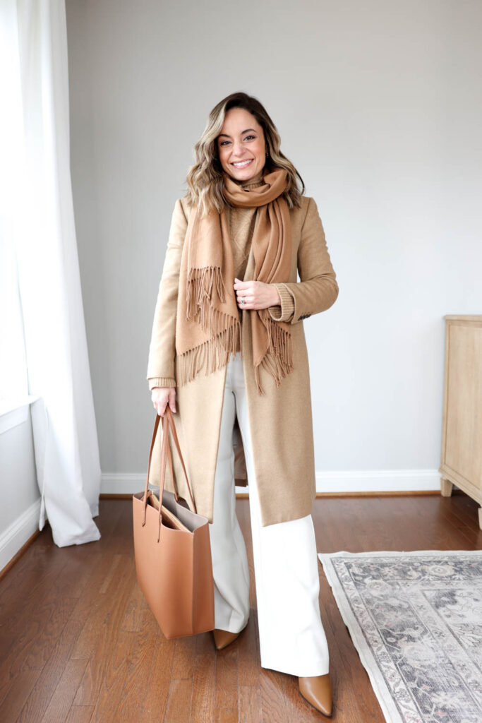 Winter outfits for work via pumps and push-ups blog | white pants outfits for work | winter outfits | wide-leg pants outfits | white and camel outfit 