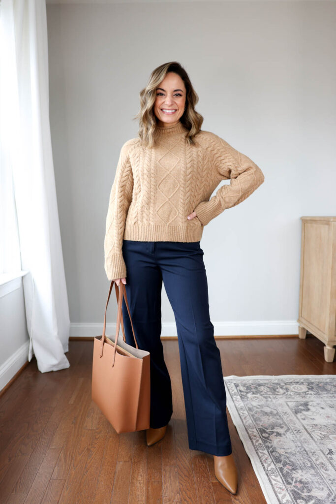 Petite-friendly outfits for work with navy pants via pumps and push-ups blog | outfits for work with sweaters | warm winter outfits for work | outfits for work with boots