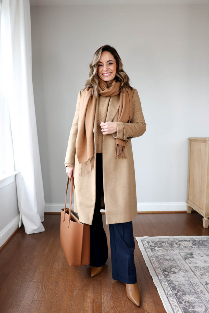 Petite-friendly outfits for work with navy pants via pumps and push-ups blog | outfits for work with sweaters | warm winter outfits for work | outfits for work with boots