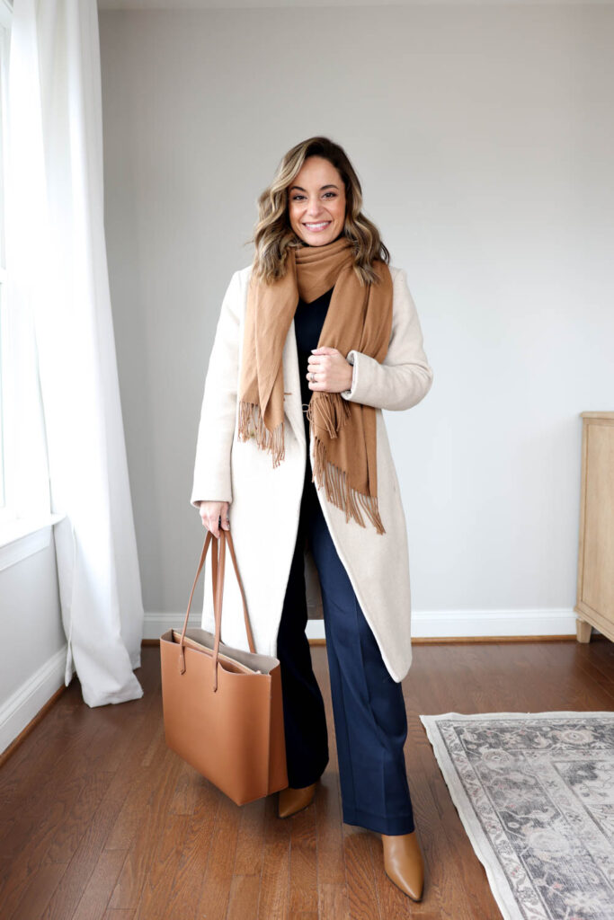 Winter outfits for work with navy pants via pumps and push-ups blog | winter outfits for work with boots | wide-leg pants outfits for work 