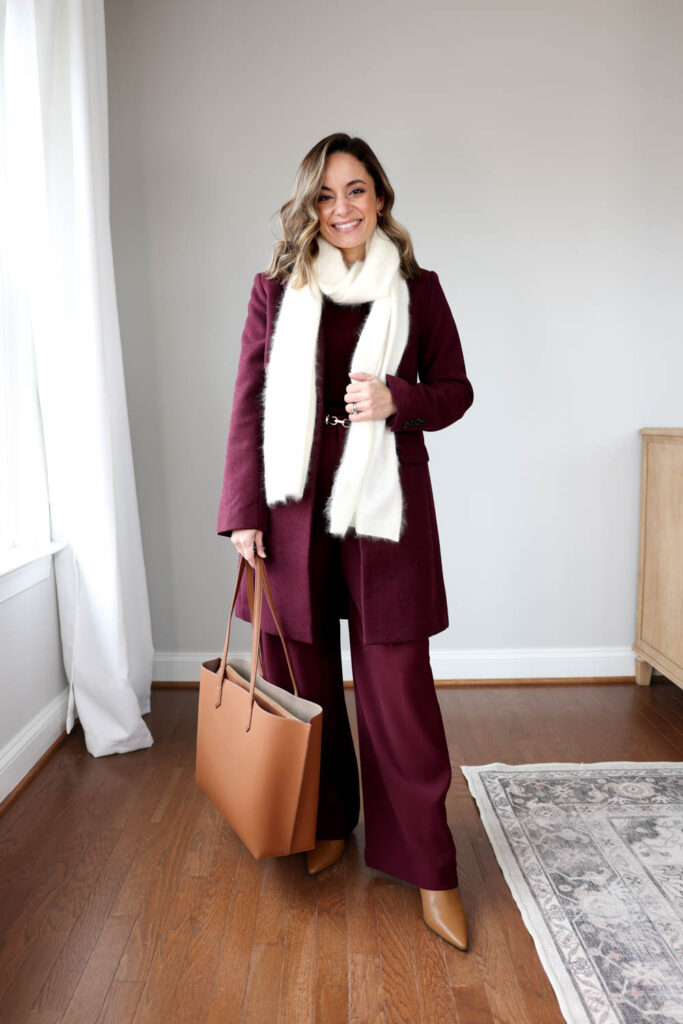 Winter outfits for work with burgundy pants via pumps and push-ups blog | winter outfits for work | burgundy outfits | outfits for work wit boots 