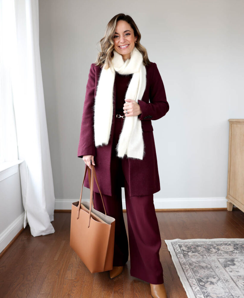 Winter outfits for work with burgundy pants via pumps and push-ups blog | winter outfits for work | burgundy outfits | outfits for work wit boots