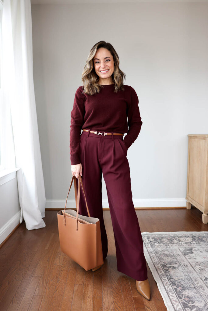 Winter outfits for work with burgundy pants via pumps and push-ups blog | winter outfits for work | burgundy outfits | outfits for work wit boots 