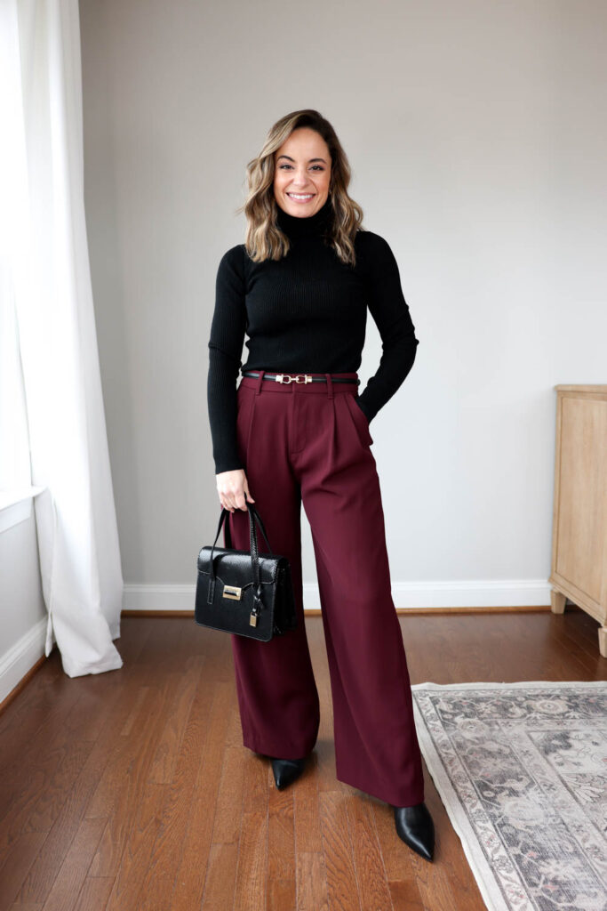 Outfits for work with burgundy pants via pumps and push-ups blog | winter workwear | petite-friendly outfits | burgundy pants outfits | Gap 365 Trousers outfits 