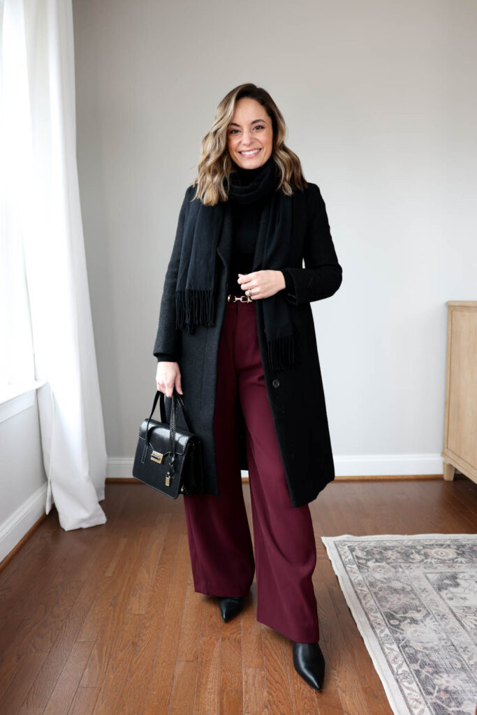 Outfits for work with burgundy pants via pumps and push-ups blog | winter workwear | petite-friendly outfits | burgundy pants outfits | Gap 365 Trousers outfits 