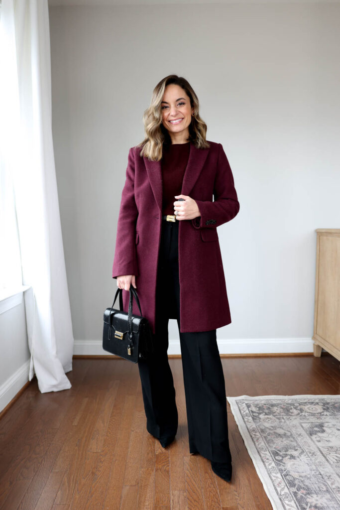 Petite-friendly winter outfits for work | winter outfit with burgundy and black via pumps and push-ups blog | winter outfits for work with black pants | petite style | petite fashion 