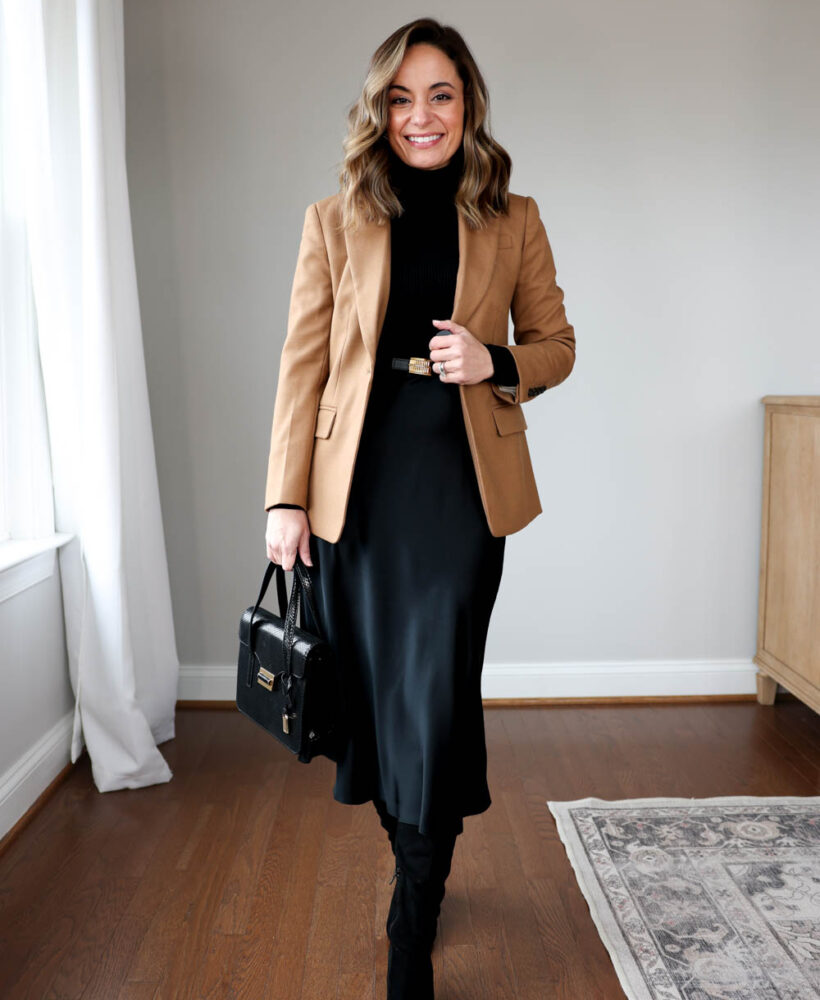 Petite-friendly outfit ideas for work with a silk skirt | winter outfits for work with a silk skirt | silk skirt outfits