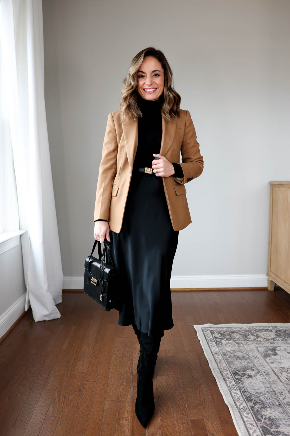 Petite-friendly outfit ideas for work with a silk skirt | winter outfits for work with a silk skirt | silk skirt outfits 