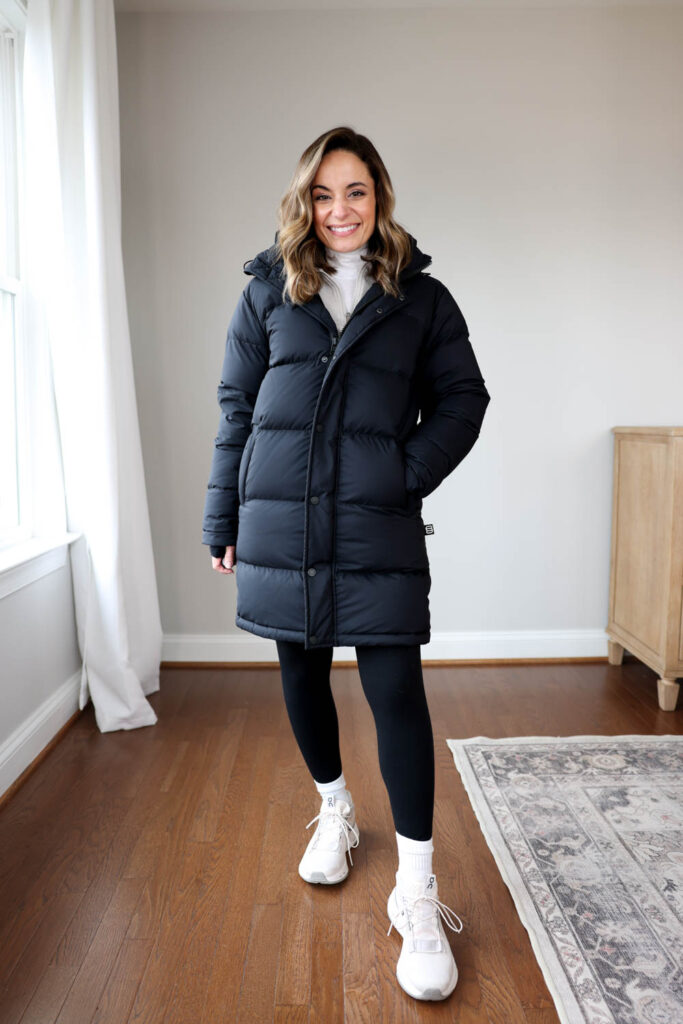 2024 Most Worn Activewear Via Pumps and Push-Ups blog | my favorite daily wear leggings | aerie real me leggings | comfortable winter outfit | super puff review | ON Cloudnova review