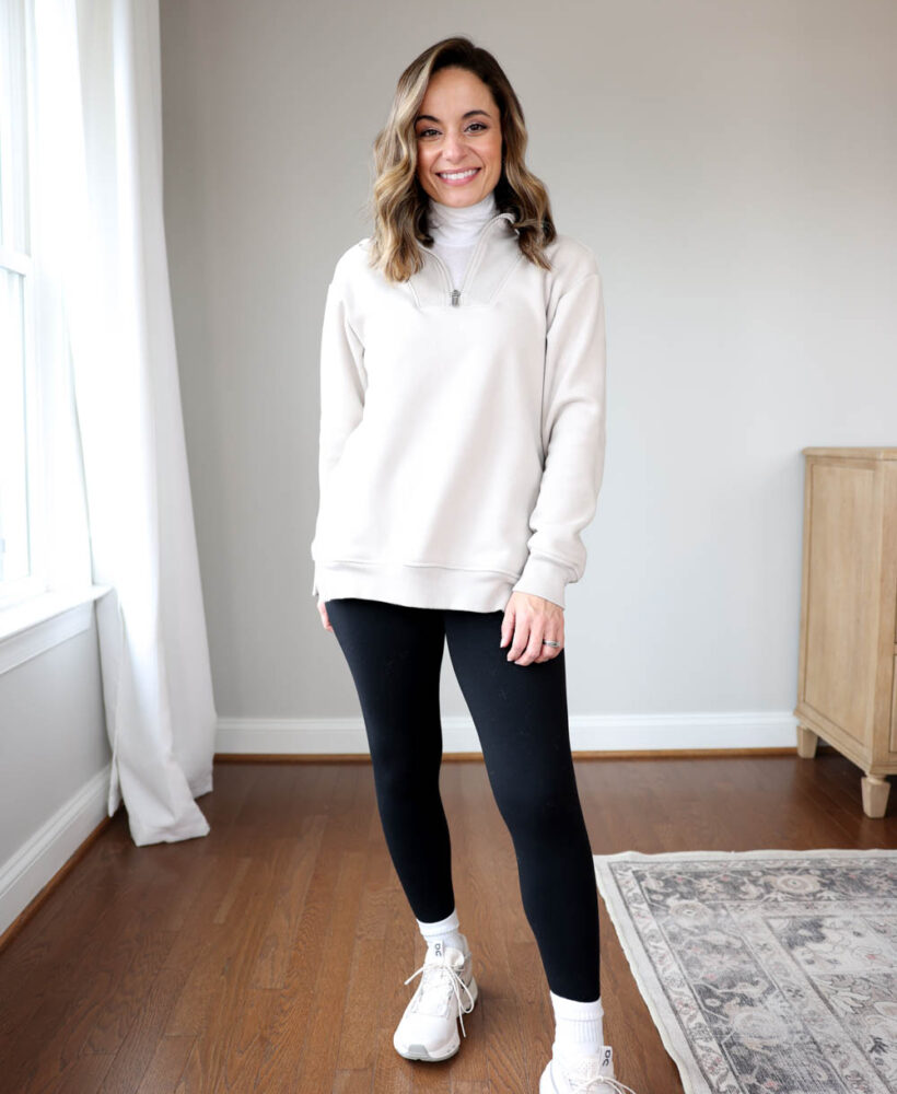 2024 Most Worn Activewear Via Pumps and Push-Ups blog | my favorite daily wear leggings | aerie real me leggings | comfortable winter outfit | super puff review | ON Cloudnova review