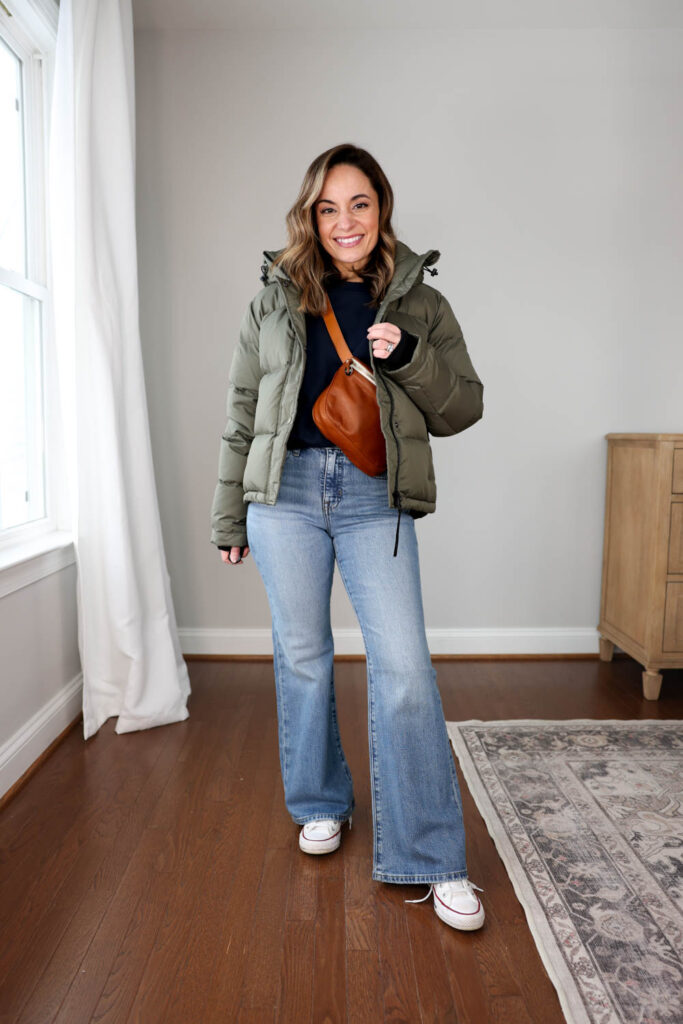 Flare jeans with sneakers outfit via pumps and push-ups blog | petite style | petite fashion | winter outfits | casual winter outfits | puffer coat outfits 