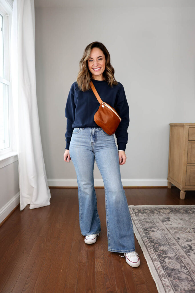 Flare jeans with sneakers outfit via pumps and push-ups blog | petite style | petite fashion | winter outfits | casual winter outfits