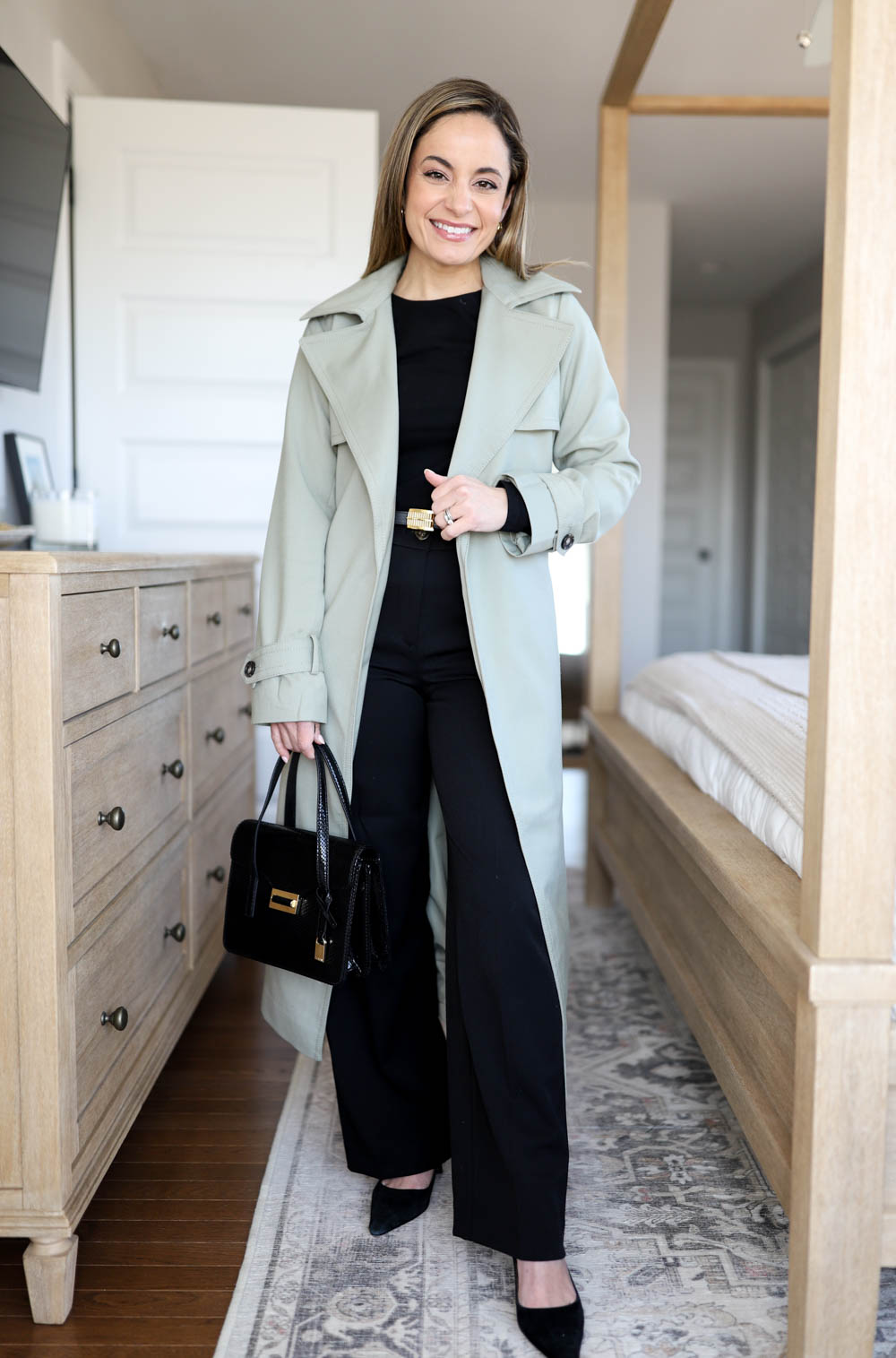 Outfits for work via pumps and push-ups blog | petite-friendly wide leg pants | winter outfits | petite-style | trench coat outfits | four outfit ideas with a green trench coat 