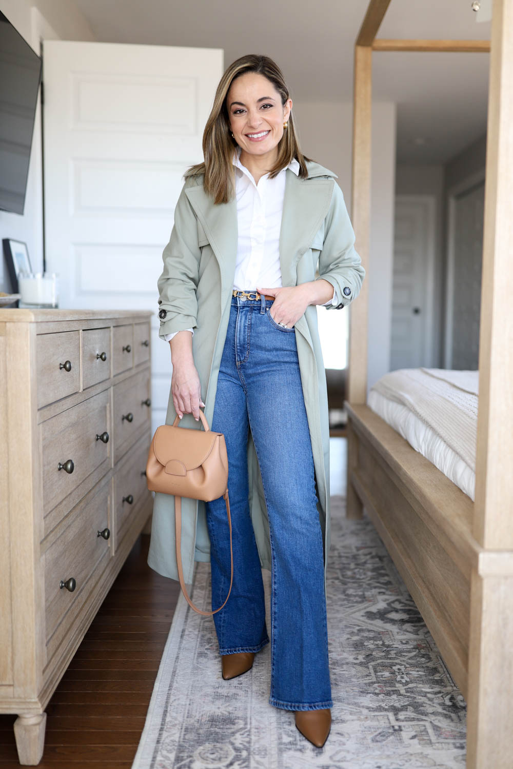 Four ways to wear a full-length sage green trench coat | spring trench coat | petite style | petite fashion | early spring outfits | transitional outfits | trench coat outfits 