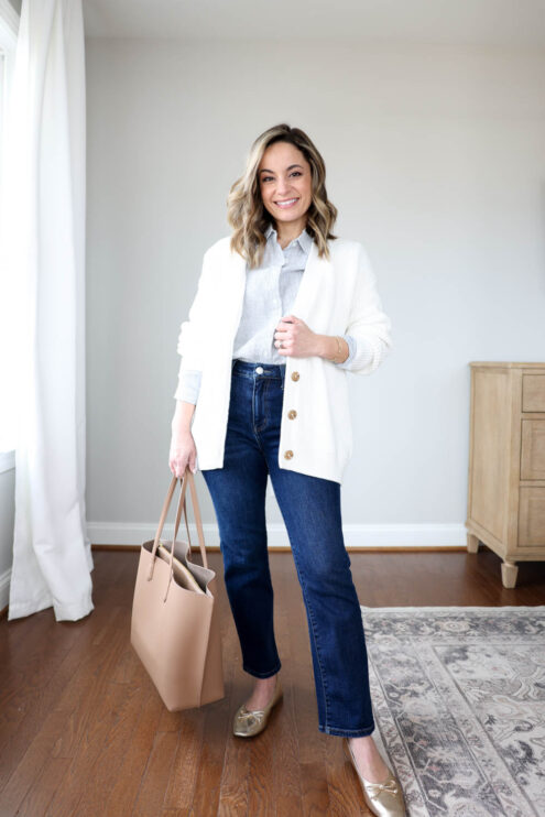Petite-friendly spring sweaters from Quince via pumps and push-ups blog | spring sweaters | oversized white cardigan outfit | organic cotton sweaters
