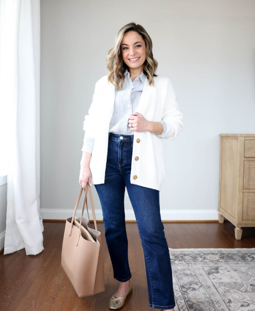 Petite-friendly spring sweaters from Quince via pumps and push-ups blog | spring sweaters | oversized white cardigan outfit | organic cotton sweaters