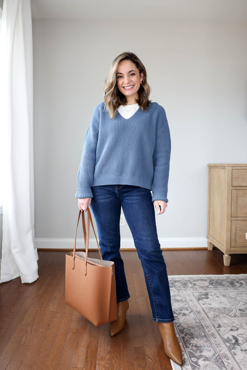 Spring sweaters from Quince via pumps and push-ups blog | petite-friendly sweaters | petite style | spring transition outfits 