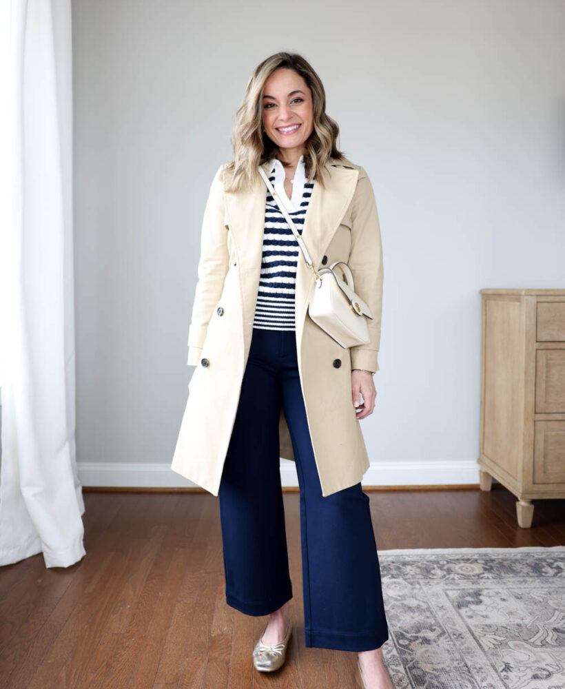 Petite-friendly navy cropped pants | wide leg cropped pants | petite outfits | spring outfits | casual outfits for work | casual spring outfits | classic outfits