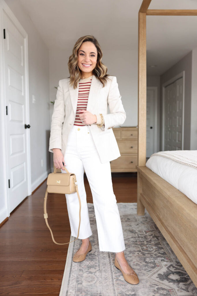 Petite-friendly spring outfits | classic spring outfits | linen blazer outfits | petite style | petite fashion | early spring outfit 