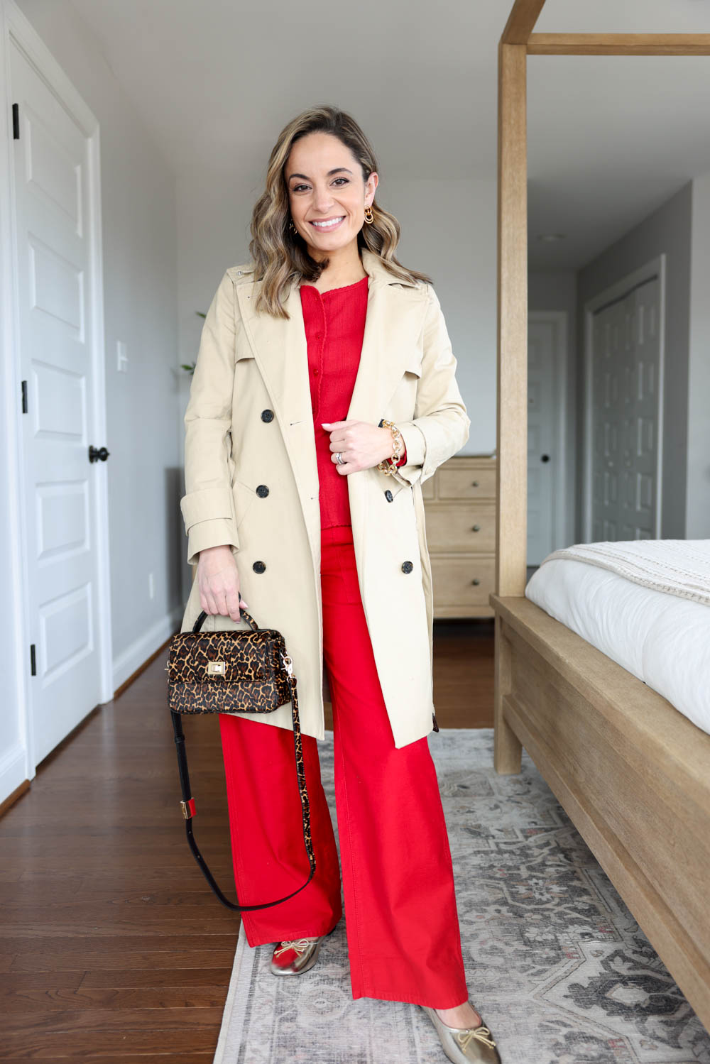 Petite-friendly classic spring outfits via Brooke Anderson petite style blogger | J.Crew outfits | trench coat outfits | classic style | red pants outfit | leopard bag outfits