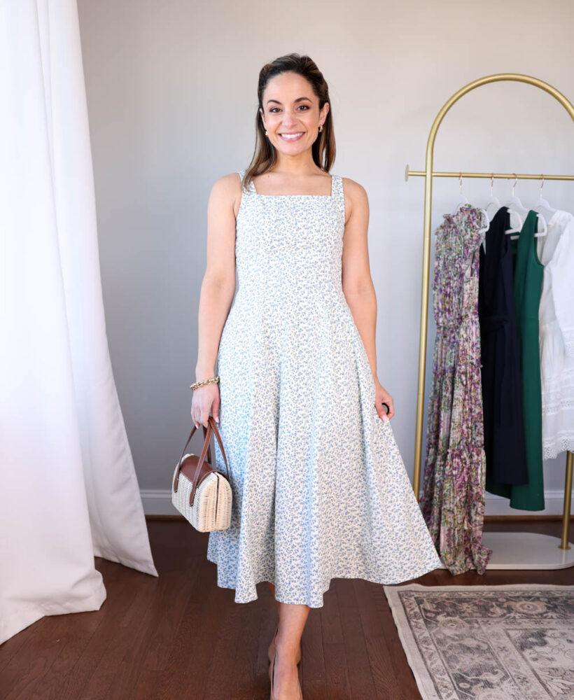 Classic spring dresses for petites | petite-friendly spring dresses | blue and white floral dress | petite fashion