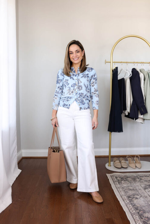 Petite-friendly outfits for work with white jeans | white wide leg jeans outfits | smart casual outfit ideas | spring capsule wardrobe | spring workwear capsule