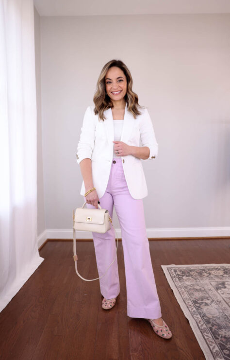 Petite-friendly outfit ideas for Easter with pants | lavender pants outfits | spring outfits | wide-leg pants outfits for petites | white blazer outfit