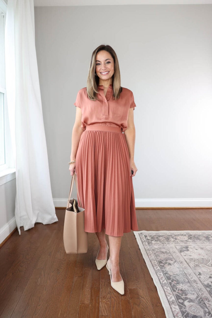 Monochromatic outfit for work via pumps and push-ups blog | summer skirts for work | pleated skirt outfit | petite fashion | petite style