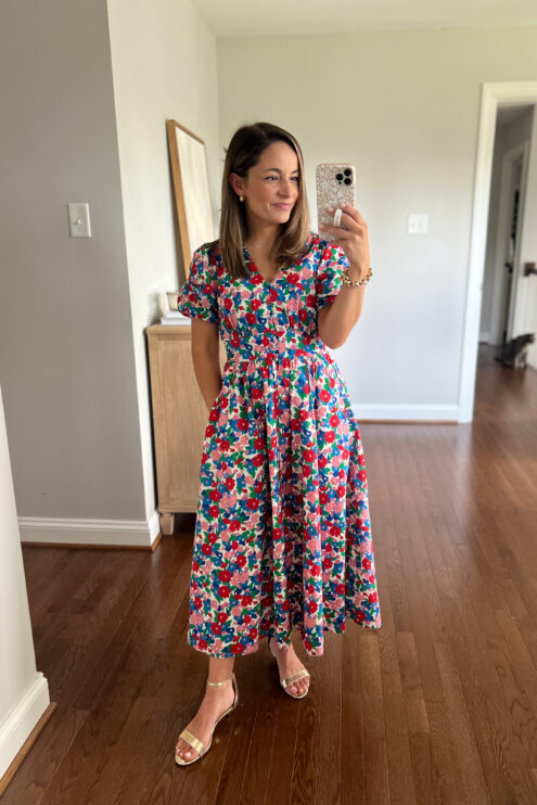 Brooke of Pumps and Push-Ups wearing a floral dress from Boden