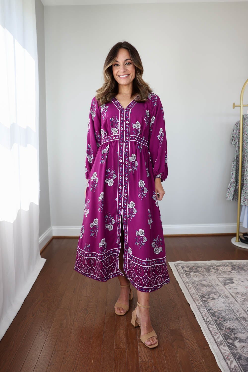 Brooke of Pumps and Push-Ups wearing a long sleeve purple dress from a blog post with petite-friendly dresses with sleeves | fall dresses with sleeves | dresses for women under five foot
