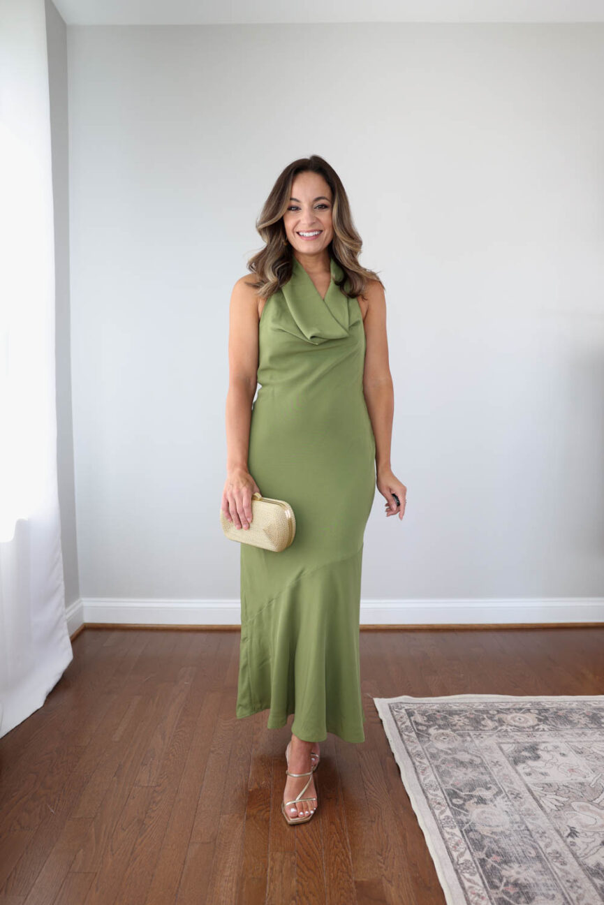 Petite-friendly wedding guest dress | halter wedding guest dress | cowl neck wedding guest dress | petite-fashion | petite-friendly dresses
