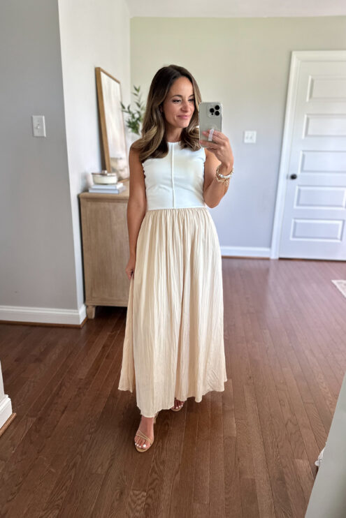 Petite-friendly two tone dress from Amazon styled by petite style blogger Brooke of Pumps & Push-Ups