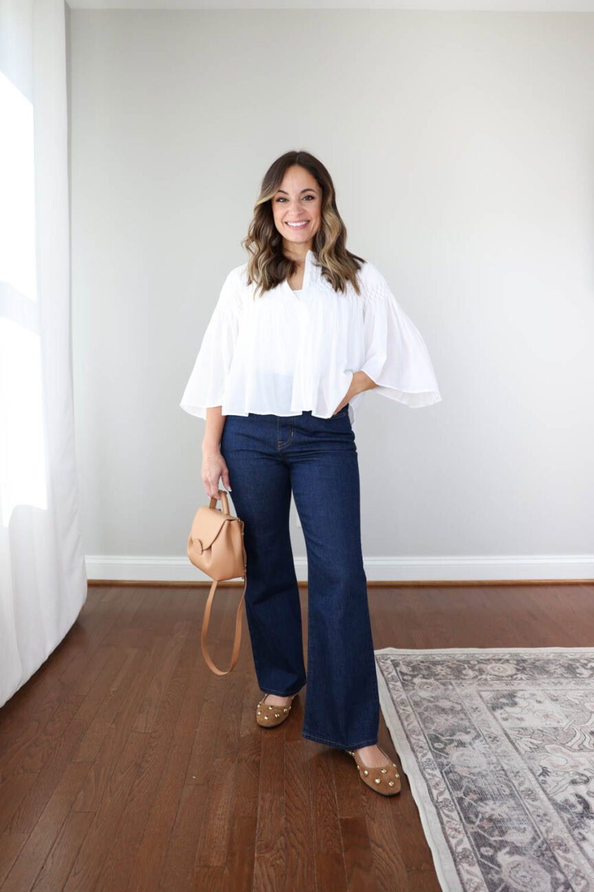 Brooke of Pumps and Push-Ups shares how to wear J.Crew Charley Kickout Cropped Flare Jeans in summer. Petite-friendly high-rise flares styled with breezy tops and sandals for warm-weather outfits.