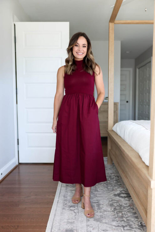 A chic petite fall dress styled by Brooke of Pumps and Push-Ups. Stretchy cotton top, structured cotton skirt, and fall-ready in burgundy or leopard.