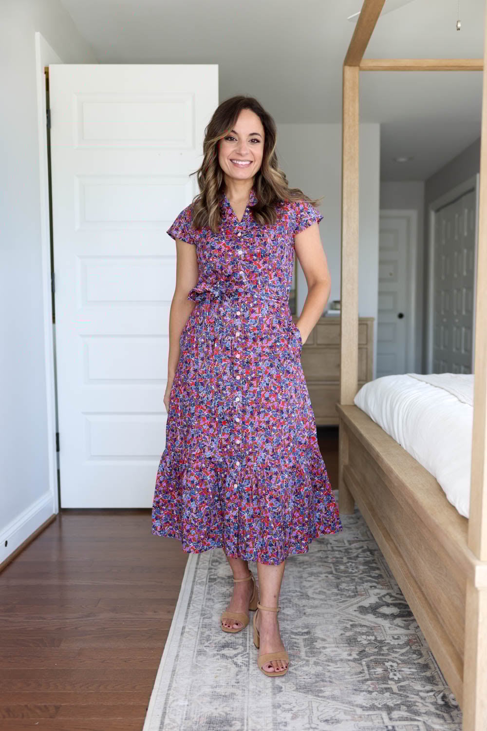 A floral petite-friendly fall dress from J.Crew Factory, shared by Brooke of Pumps and Push-Ups. 100% cotton, lined, and machine washable.