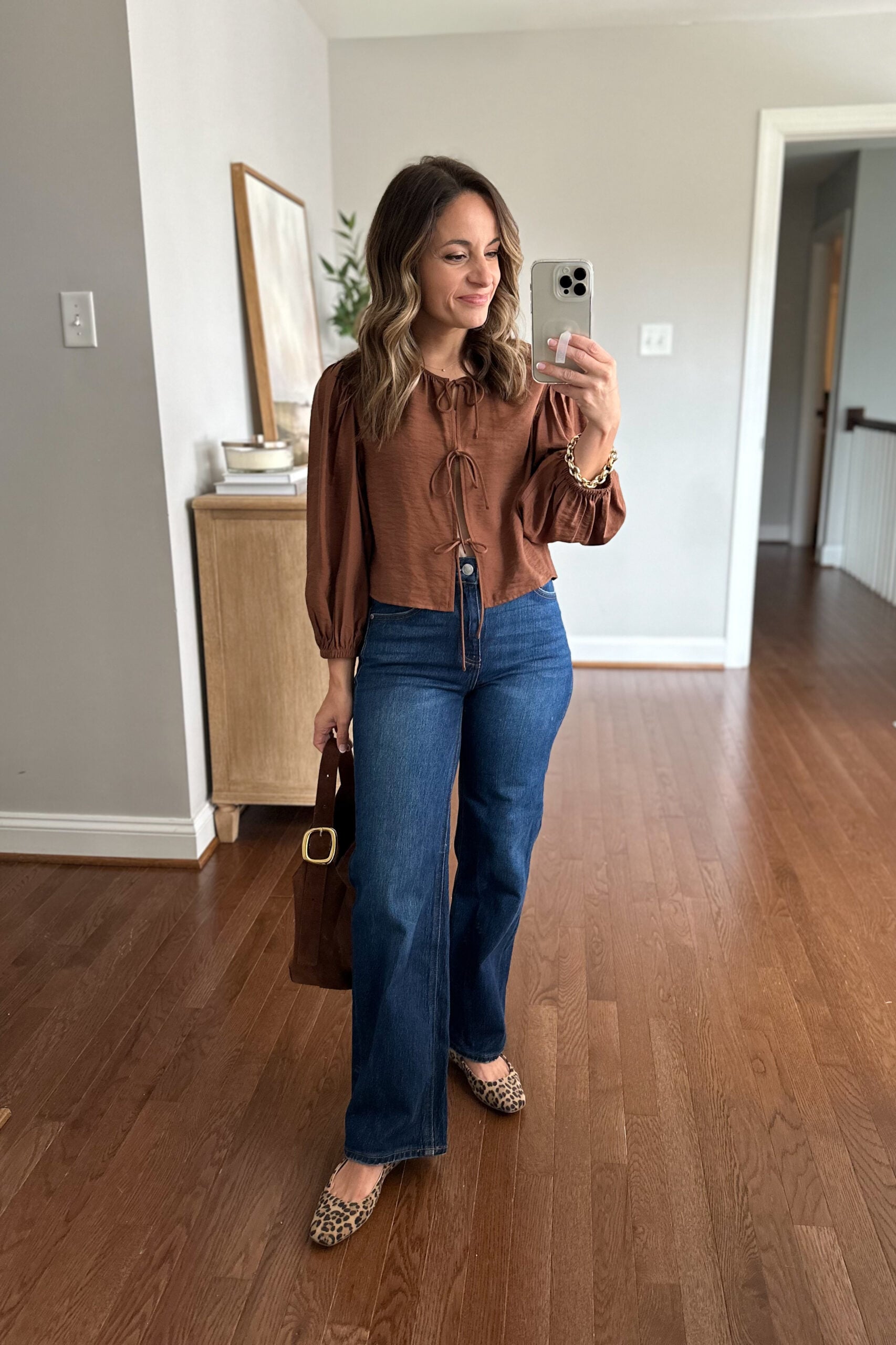 A petite-friendly fall outfit with a chocolate brown top and leopard print flats style by petite style blogger Brooke of Pumps and Push-Ups