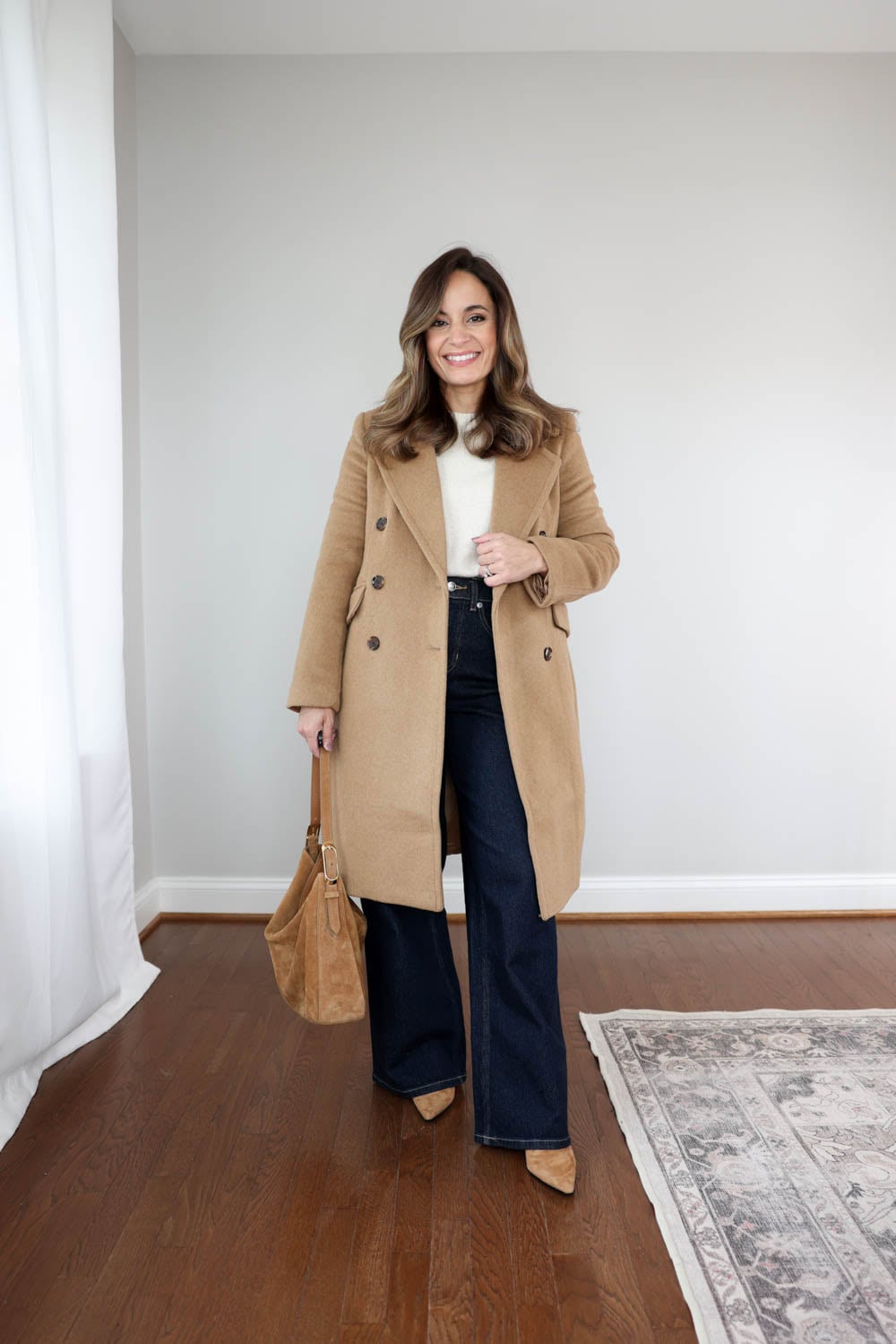Brooke of Pumps and Push-Ups styling the Banana Republic Factory Classic Coat in Afternoon Latte, petite-friendly fit with wide leg jeans and ankle boots for casual fall style.