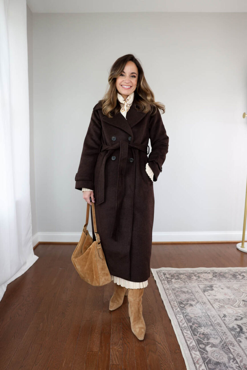 Brooke of Pumps and Push-Ups in the Abercrombie Carrie Wool Trench Coat in dark brown, petite winter outfit idea with boots and long tailored coat.