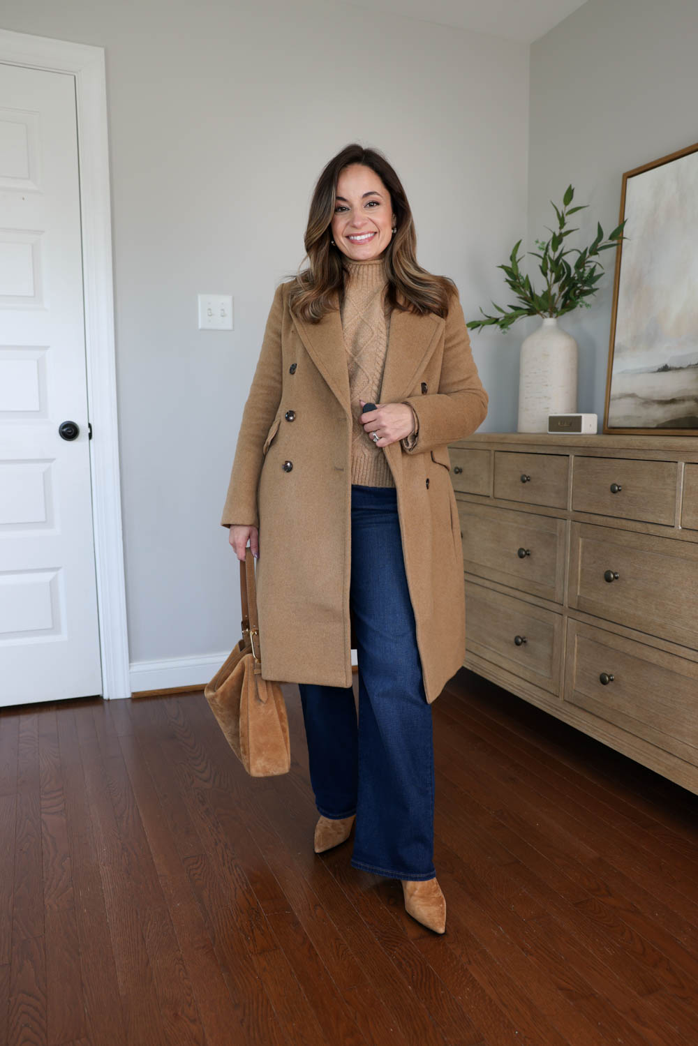 Brooke of Pumps and Push-Ups wearing J.Crew Stevie pointed toe boots with petite wide leg jeans, casual fall outfit idea