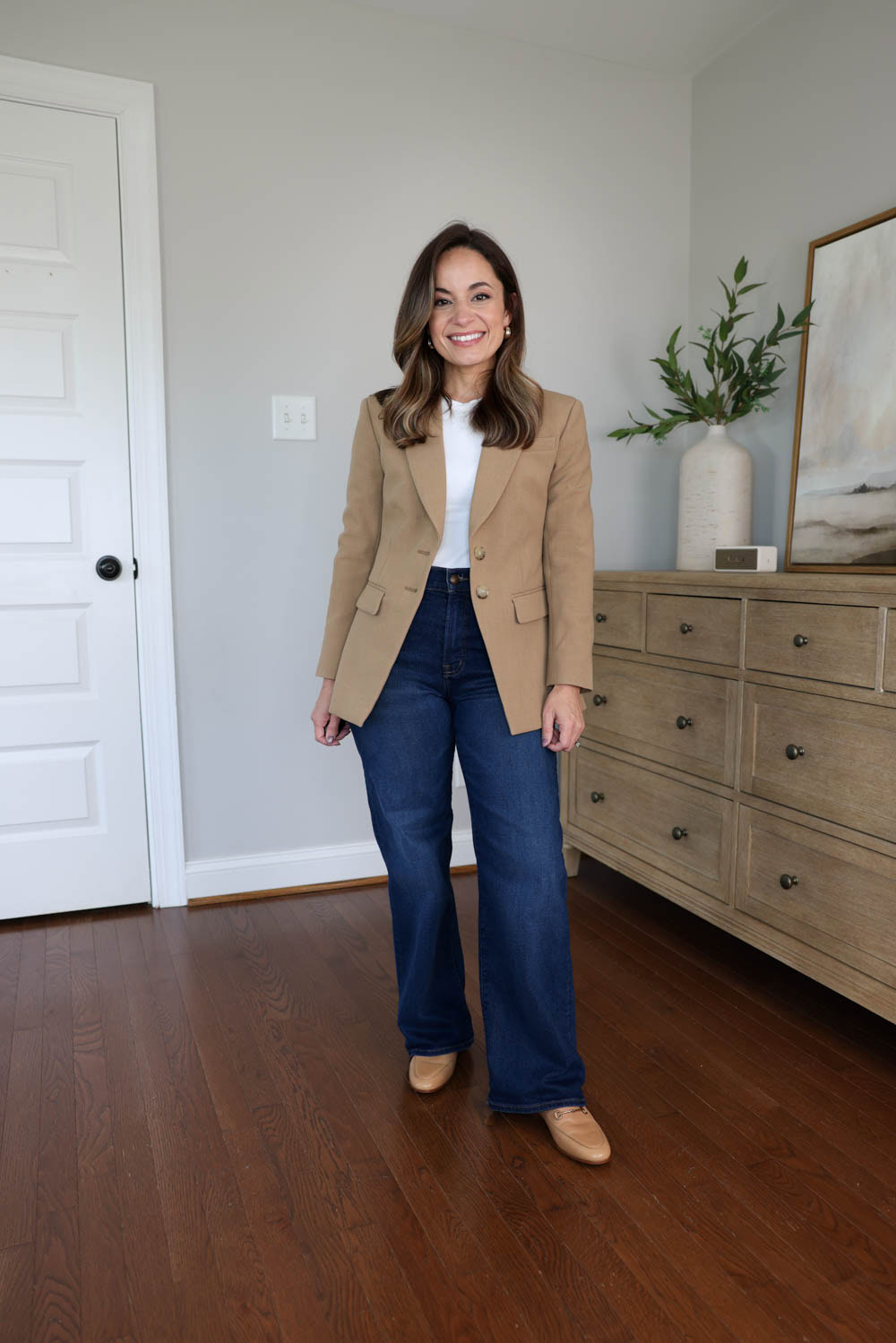 Brooke of Pumps and Push-Ups pairing Sam Edelman Lorraine loafers with petite wide leg jeans for a polished fall look