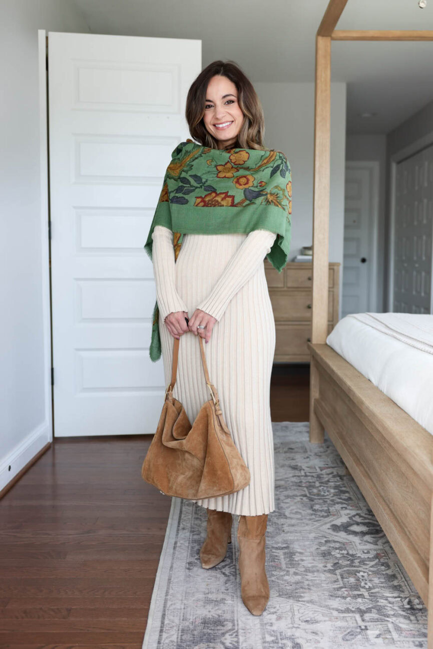 Brooke of Pumps and Push-Ups styling Sam Edelman Sylvia knee-high boots with a slim 15 inch shaft, petite-friendly boots for dresses and skirts