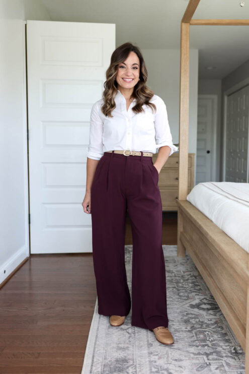 Petite-friendly outfit with Gap 365 trousers styled with sleek leather loafers by Brooke of Pumps and Push-Ups.