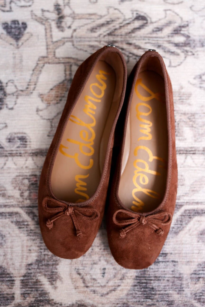 Petite fall outfit with nude Sam Edelman Alie ballet flats in chocolate brown